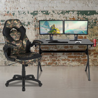 Flash Furniture BLN-X10D1904-CAM-GG Black Gaming Desk and Camouflage/Black Racing Chair Set with Cup Holder, Headphone Hook & 2 Wire Management Holes